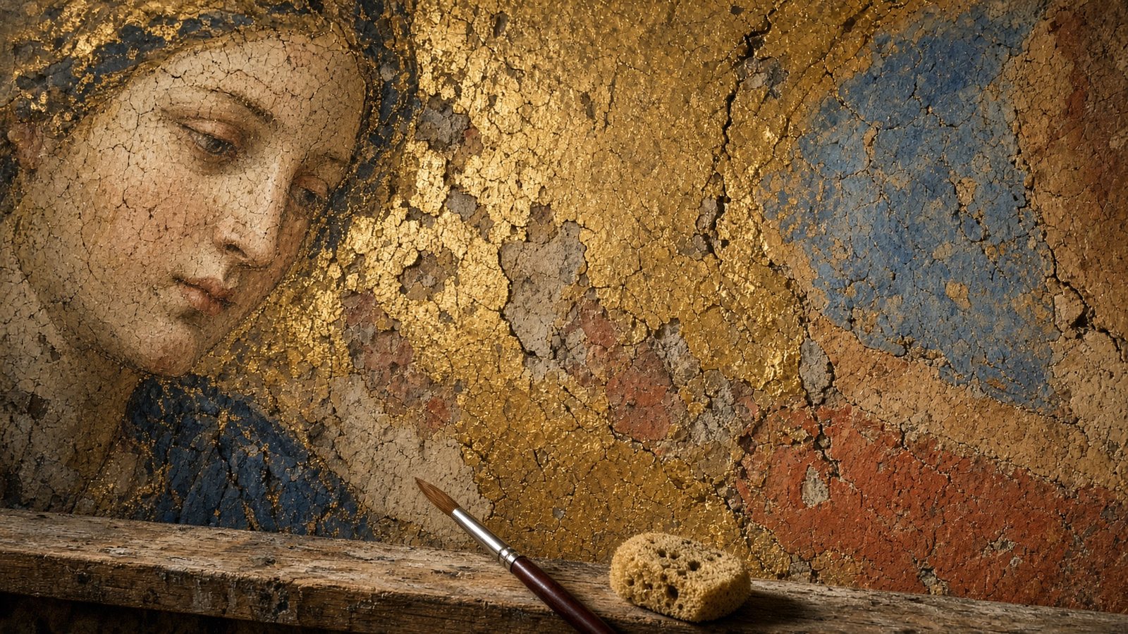 Affresco crettato in luce radente, con pennello e spugna
