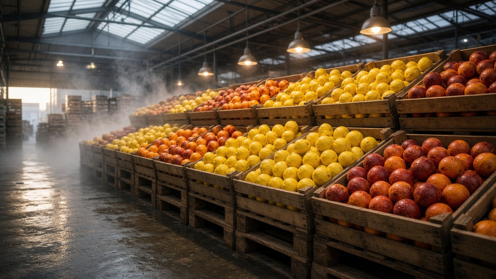 Mercato ortofrutticolo all’alba, cassette di limoni e arance