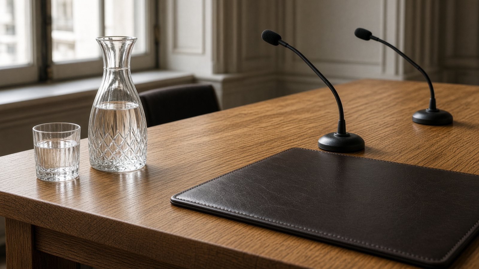 Banco vuoto di un’aula, con microfoni, caraffa e cartella di pelle