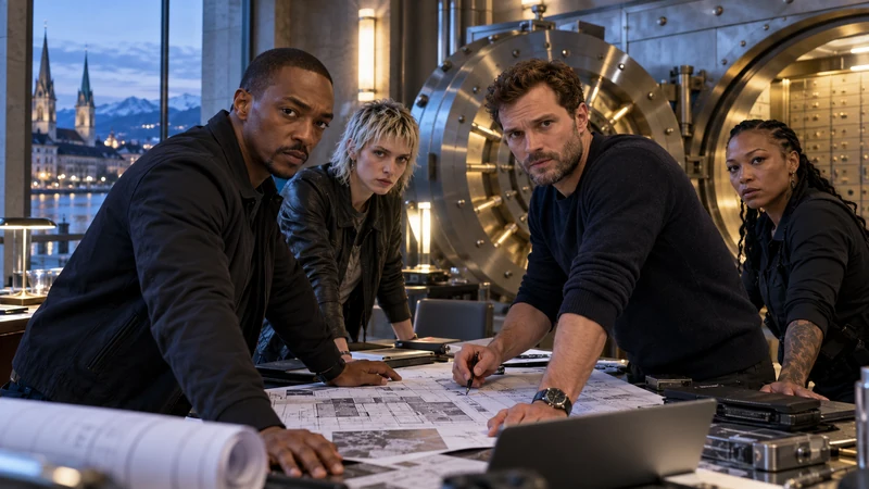 Illustrazione editoriale IA con Anthony Mackie, Jamie Dornan, Agathe Rousselle e Kali Reis in una sala operativa davanti a un caveau; somiglianze sintetiche non documentarie.