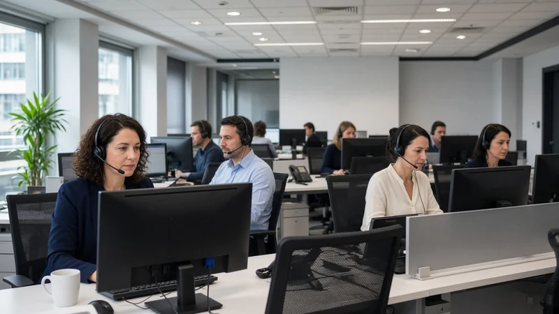 Sede dell’Agenzia delle Entrate con postazione telefonica di assistenza fiscale in primo piano; illustrazione editoriale IA non documentaria.