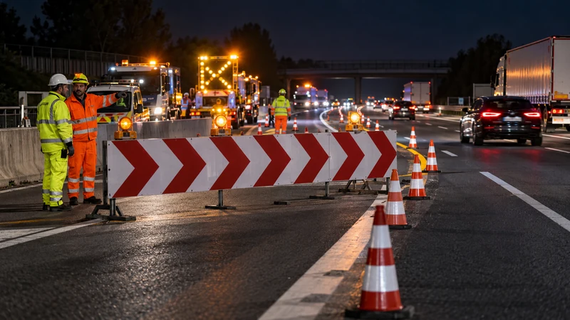 Illustrazione editoriale IA ultrarealistica di una chiusura notturna sulla A1 con operai e mezzi di cantiere; scena non documentaria.