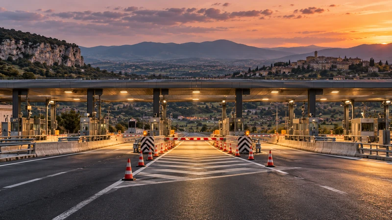 Illustrazione editoriale IA contestuale di un casello con coni per manutenzione nell’area di Guidonia; non documenta la chiusura.