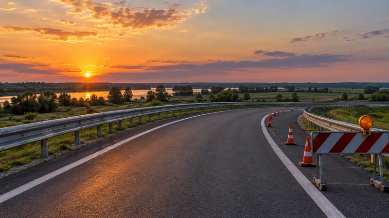 Illustrazione editoriale IA sobria di un raccordo autostradale nel territorio di Piacenza; non ricostruisce l’incidente.