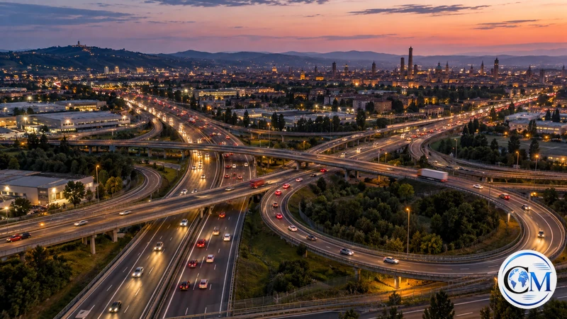 Illustrazione editoriale IA di uno svincolo autostradale nell'area di Bologna al tramonto; non documenta la chiusura.