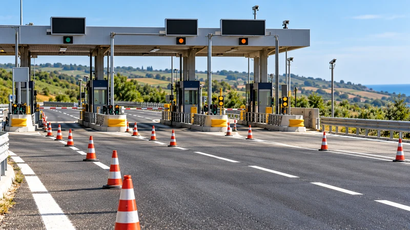 Illustrazione editoriale IA di barriere e coni in un ingresso autostradale, dedicata alle chiusure di Pedaso; non è una fotografia del casello.