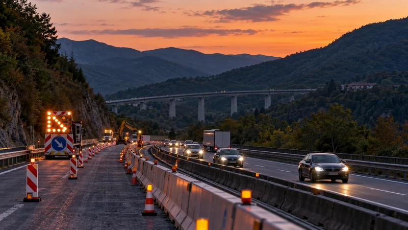 Illustrazione editoriale IA di un tratto autostradale con cantieri notturni; non è un'immagine della chiusura A6.
