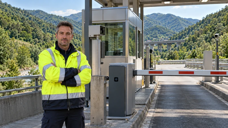 Illustrazione editoriale IA del contesto autostradale di Busalla e di una pista provvisoria di telepedaggio; non documenta la configurazione del cantiere.
