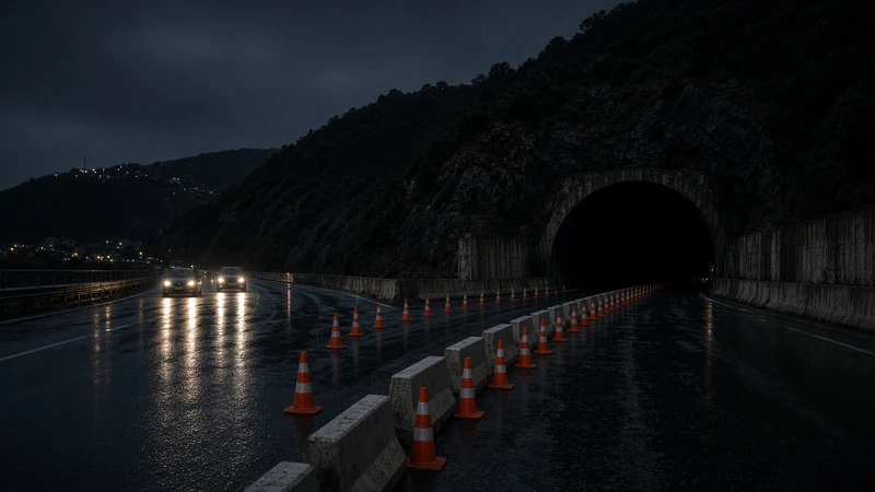 Illustrazione editoriale di un’autostrada in notturna; non mostra un tratto reale chiuso.