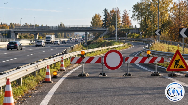 Illustrazione editoriale IA ultrarealistica di una rampa autostradale temporaneamente chiusa; non è la fotografia del cantiere reale.