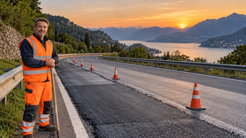 Illustrazione editoriale IA di una rampa autostradale nel territorio di Como con manutenzione della pavimentazione; non documenta una chiusura reale.