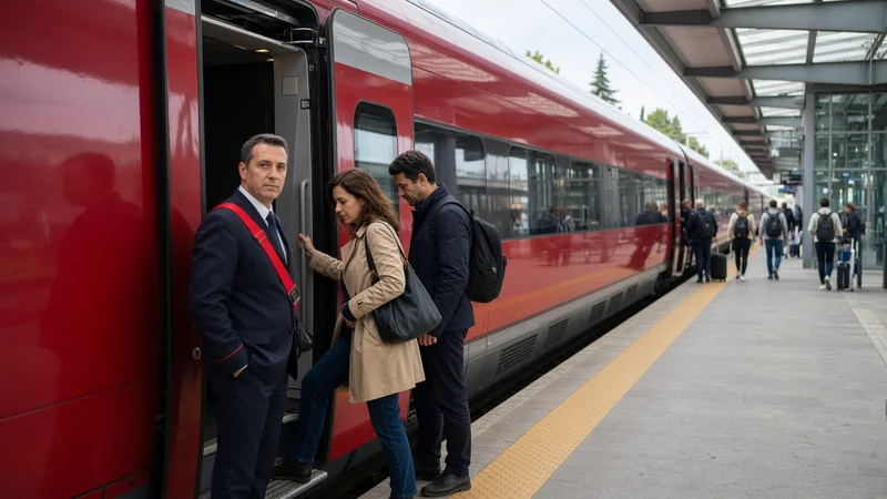 Passeggeri salgono su un treno ad alta velocità rosso.