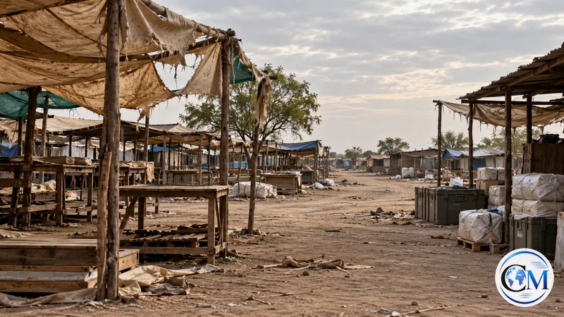 Scenario editoriale IA di un mercato vuoto e danneggiato ad Abyei; non è una fotografia dell'attacco.