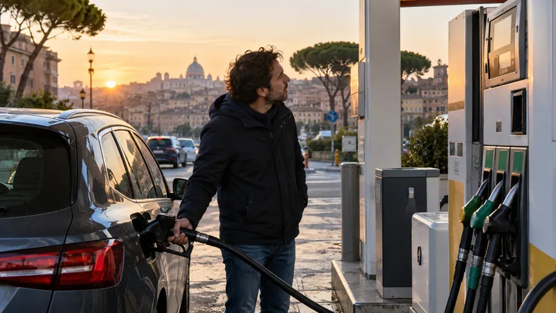Automobilista che rifornisce un’auto diesel in una stazione di servizio italiana