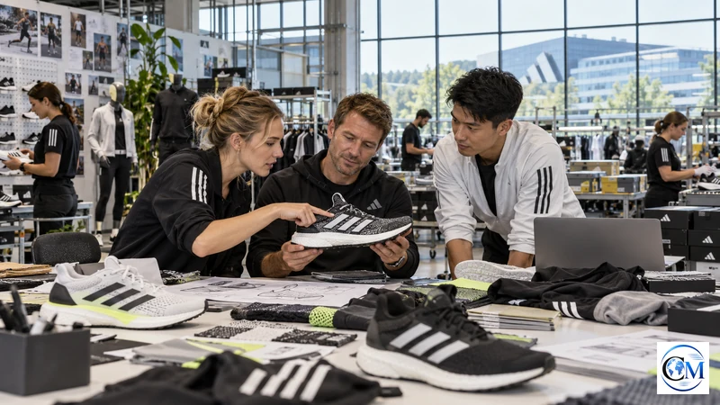 Negozio Adidas contemporaneo con abbigliamento sportivo e clienti