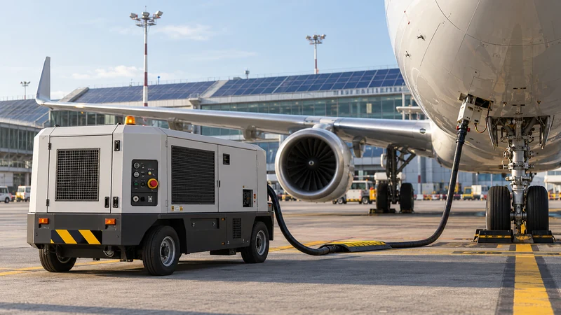 Illustrazione IA di un’unità di alimentazione a terra collegata a un aereo e di pannelli fotovoltaici su un terminal; scena aeroportuale rappresentativa.