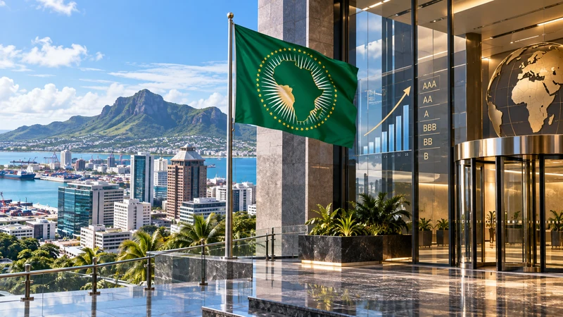 Illustrazione editoriale IA ultrarealistica di un centro finanziario a Port Louis con la bandiera dell'Unione Africana; scena non documentaria.