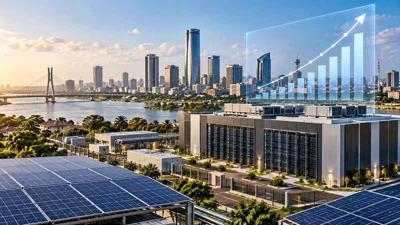 Illustrazione editoriale IA ultrarealistica di una città africana con infrastrutture digitali ed energia solare; scena non documentaria.