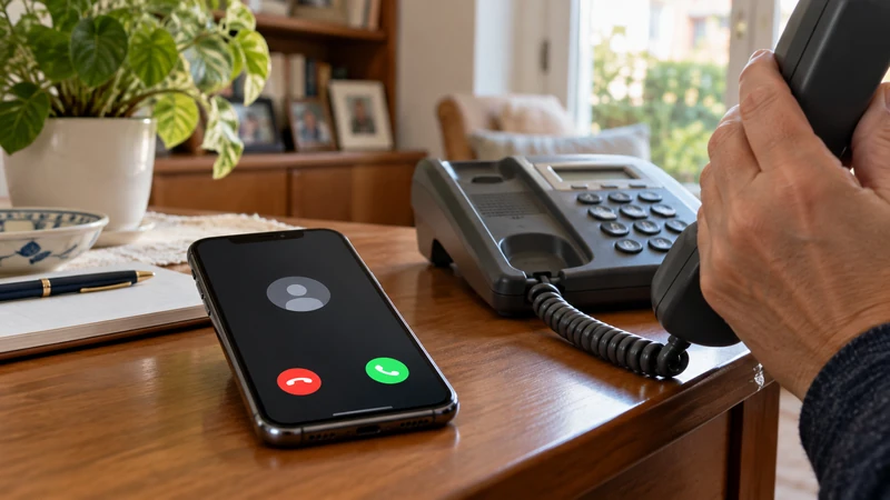 Illustrazione editoriale IA di uno smartphone e un telefono domestico; non documenta chiamate o società sanzionate.