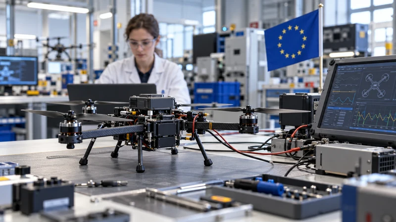Illustrazione editoriale IA di un prototipo di drone non armato su un banco di prova europeo; non raffigura un progetto finanziato da AGILE.