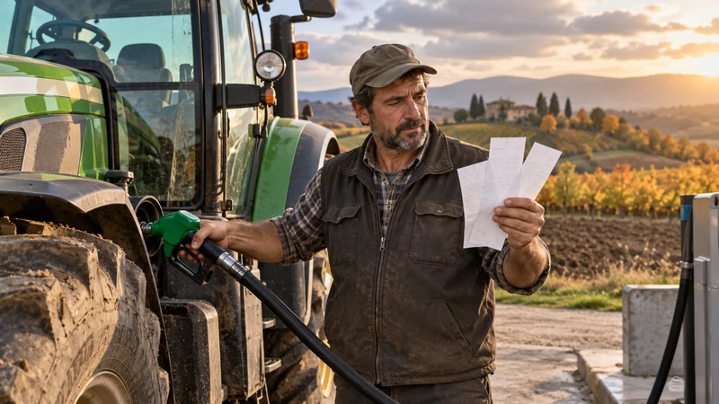 Illustrazione editoriale IA di un agricoltore che rifornisce un trattore e controlla ricevute di carburante; scena non documentaria.
