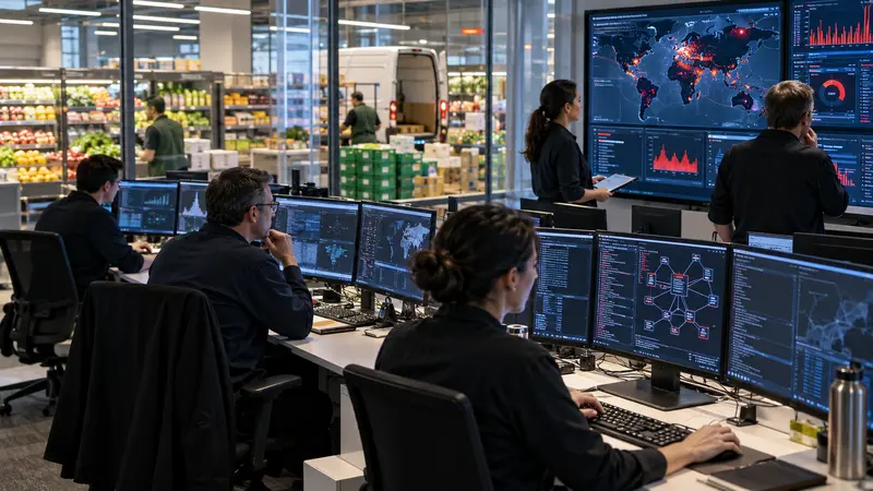 Illustrazione editoriale IA di un centro operativo che ripristina i servizi digitali di una catena di supermercati.