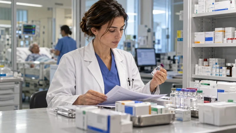 Professionista sanitaria al lavoro in una farmacia ospedaliera, scena illustrativa IA