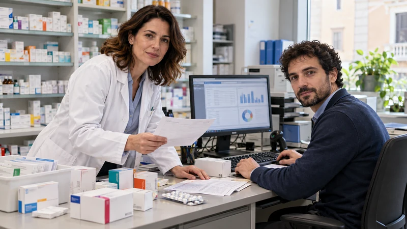 Illustrazione editoriale IA di personale farmaceutico e informatico al lavoro sui dati dei medicinali; nessun dato sanitario reale.