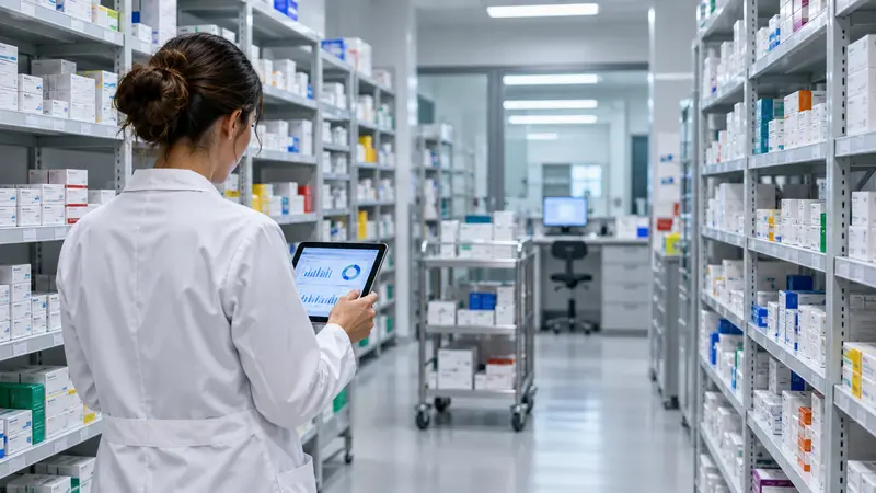 Illustrazione editoriale IA di una farmacista in un moderno magazzino ospedaliero, con confezioni e dati generici.