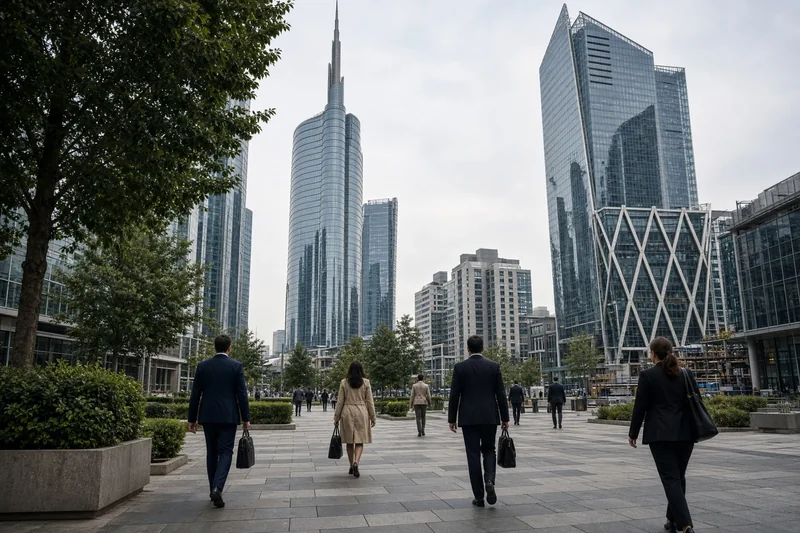 Illustrazione editoriale generata con IA: skyline di Porta Nuova a Milano con la Unicredit Tower, professionisti in piazza in una giornata di lavoro; non è una fotografia documentaria.