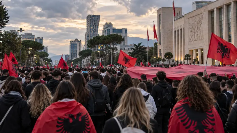 Scena editoriale IA di studenti riuniti pacificamente su un boulevard di Tirana con bandiere albanesi e simboli rosa.