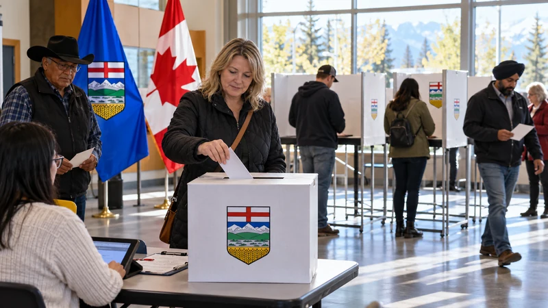 Illustrazione editoriale IA di elettori in un seggio dell’Alberta con le bandiere provinciale e canadese.