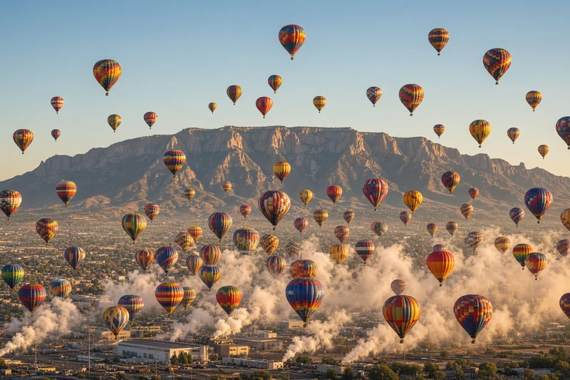 Illustrazione editoriale IA di centinaia di mongolfiere colorate al Balloon Fiesta di Albuquerque; non è una fotografia documentaria.