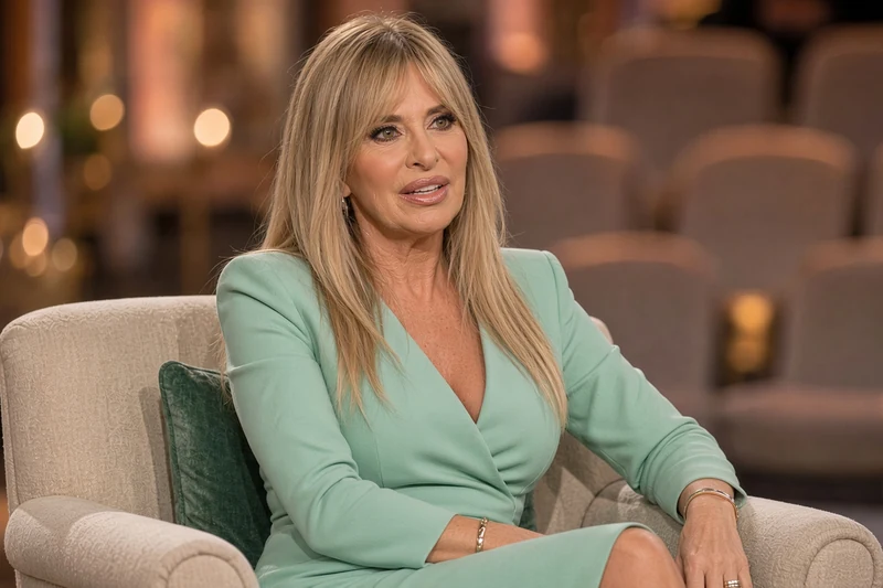 Scena editoriale contestuale ordinaria generata con IA: Alessandra Mussolini in uno studio televisivo pomeridiano; non è una fotografia documentaria.