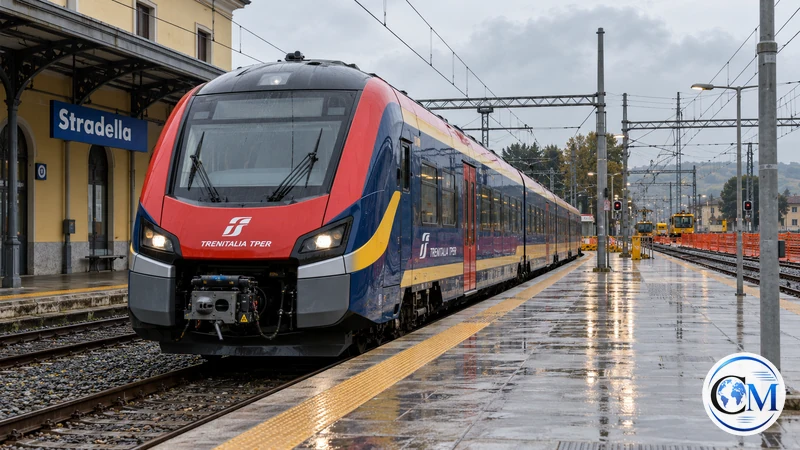 Illustrazione editoriale IA di un treno regionale fermo alla stazione di Stradella durante i lavori; non è una fotografia documentaria.