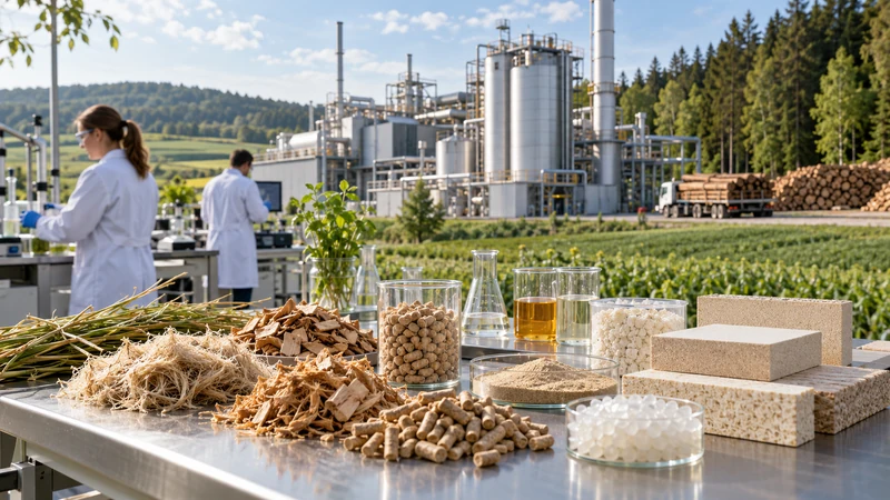 Illustrazione editoriale IA di una bioraffineria europea con fibre vegetali, biomassa e materiali rinnovabili in laboratorio.