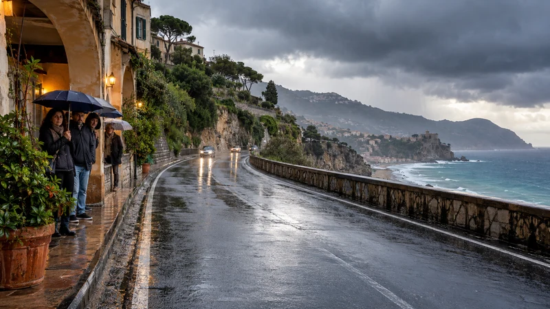 Illustrazione editoriale IA di una strada costiera della Calabria meridionale sotto pioggia e nubi temporalesche non estreme.