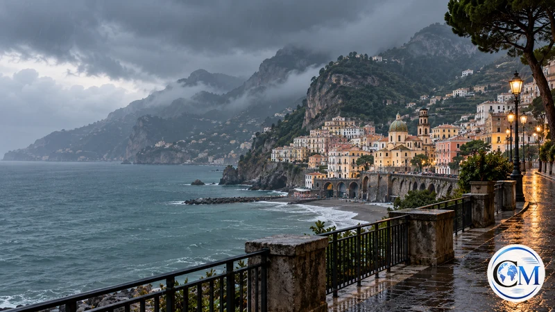 Illustrazione editoriale IA della costa campana sotto pioggia autunnale; non documenta un'allerta specifica.