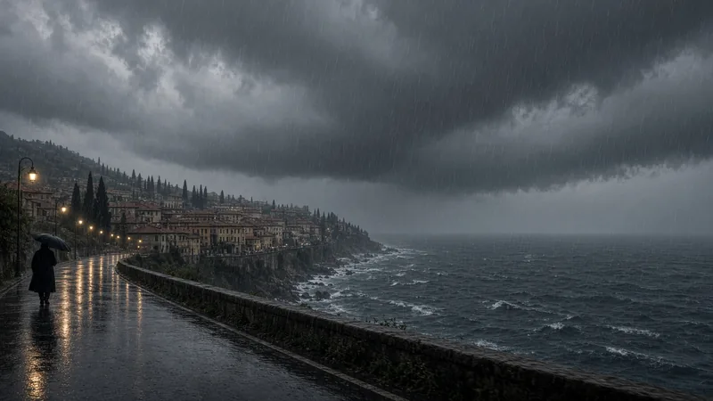 Illustrazione editoriale IA di pioggia intensa su una costa tirrenica italiana con nubi scure e mare mosso; non documentaria.