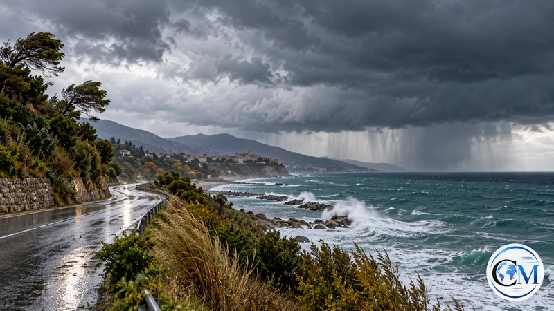 Illustrazione editoriale IA di nubi temporalesche e mare mosso su una costa italiana, senza mappe o testo; non è una fotografia documentaria.