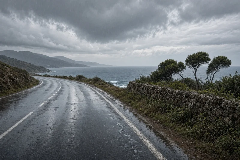 Scena editoriale contestuale generata con IA: strada costiera bagnata nel Sud Italia sotto nubi; non è una fotografia documentaria di un evento specifico.
