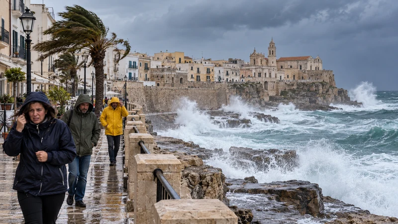 Illustrazione editoriale IA di vento forte, pioggia e mare mosso lungo una costa del Sud Italia; scena non documentaria e senza mappe.