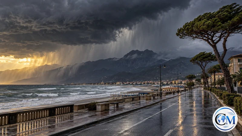 Illustrazione editoriale IA ultrarealistica di un fronte temporalesco sulla Versilia; rappresenta una previsione e non un evento osservato.