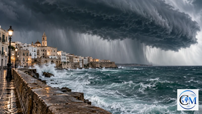 Illustrazione editoriale IA ultrarealistica di un forte temporale su una città costiera pugliese; scena non documentaria.