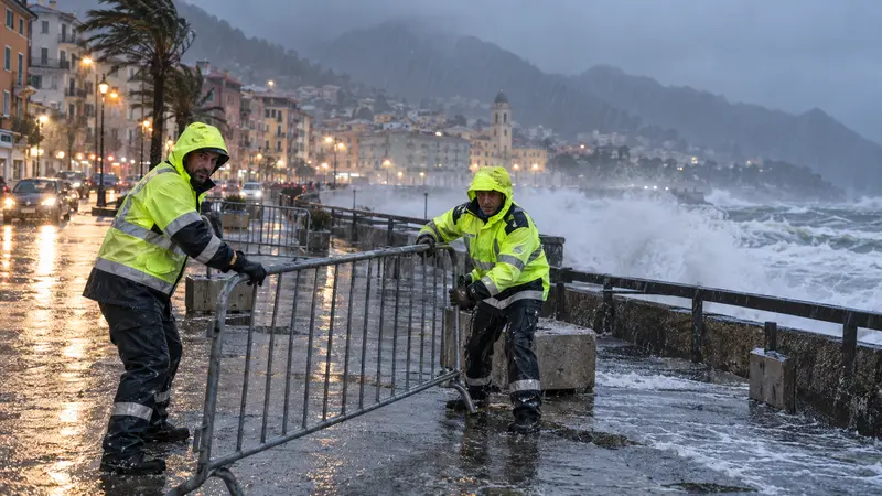 Operatori di protezione civile mettono in sicurezza un lungomare ligure durante pioggia e vento