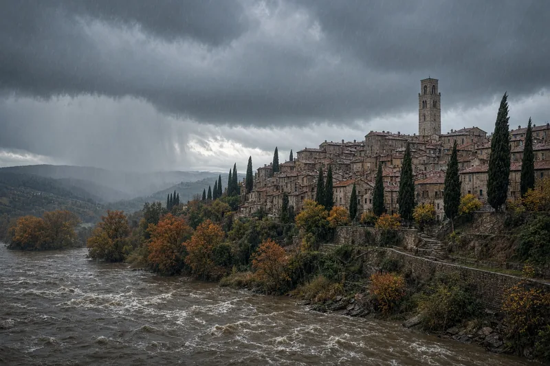 Illustrazione editoriale di un temporale autunnale su un borgo collinare e un fiume in piena; non è una fotografia documentaria.