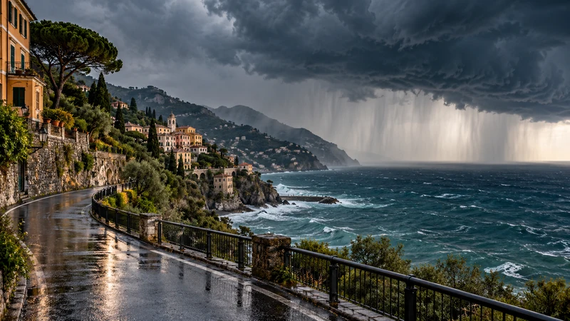 Costa ligure sotto nubi temporalesche, illustrazione editoriale IA di una previsione e non di danni già avvenuti.