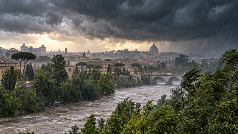 Illustrazione editoriale IA di un forte temporale su Roma e sul Tevere; scena meteorologica non documentaria e senza mappa.