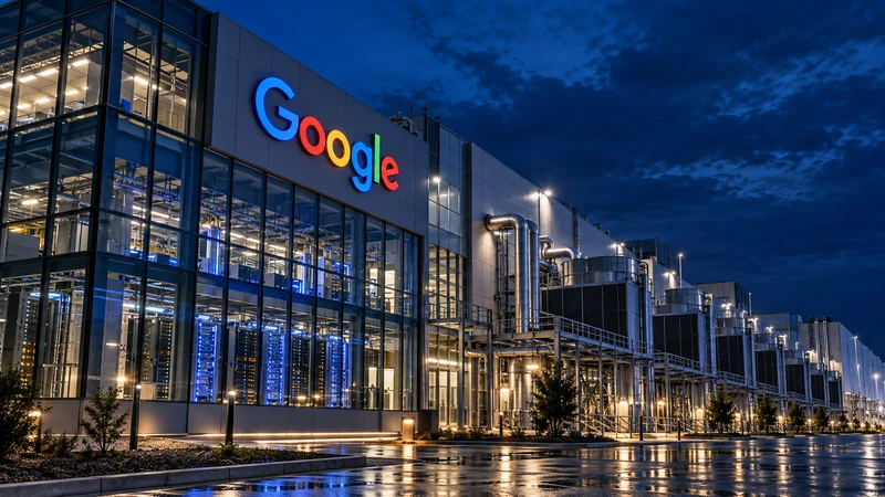 Centro dati Google illuminato di notte con infrastrutture di raffreddamento esterne