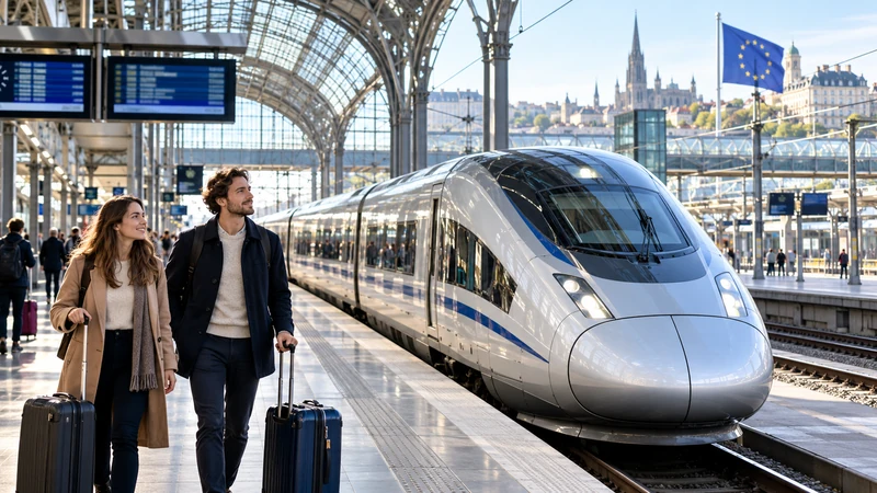 Treno europeo ad alta velocità in una stazione transfrontaliera, illustrazione editoriale IA non documentaria.